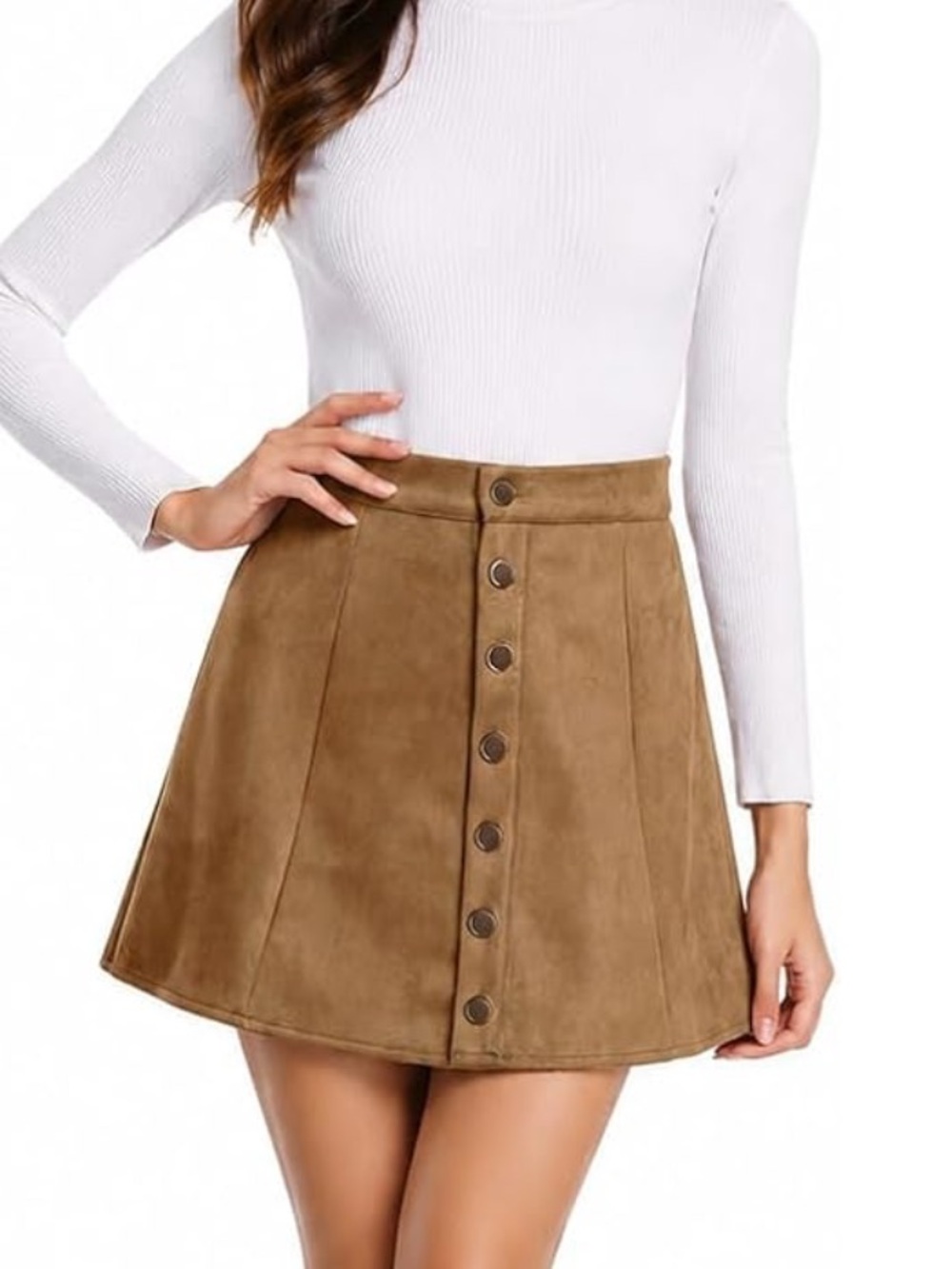 Fuinloth stretchy buttoned faux suede mini skirt size Large - Tan